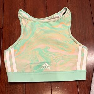 adidas Marble-Pattern High Neck Sports Bra in Mint and Peach